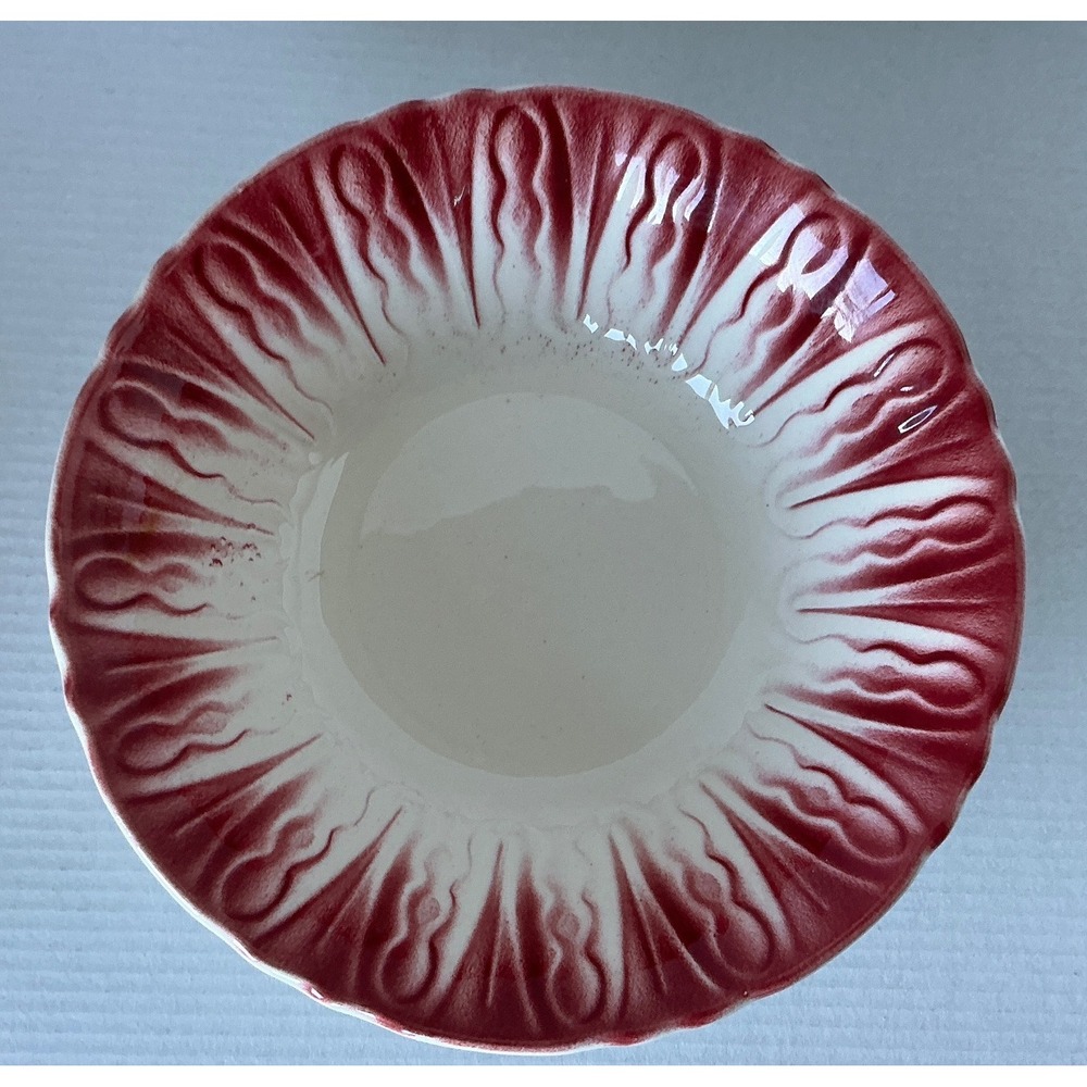 Vintage Ceramic Bowl Cranberry‎ Red Embossed Flame Pattern 7.25in Round